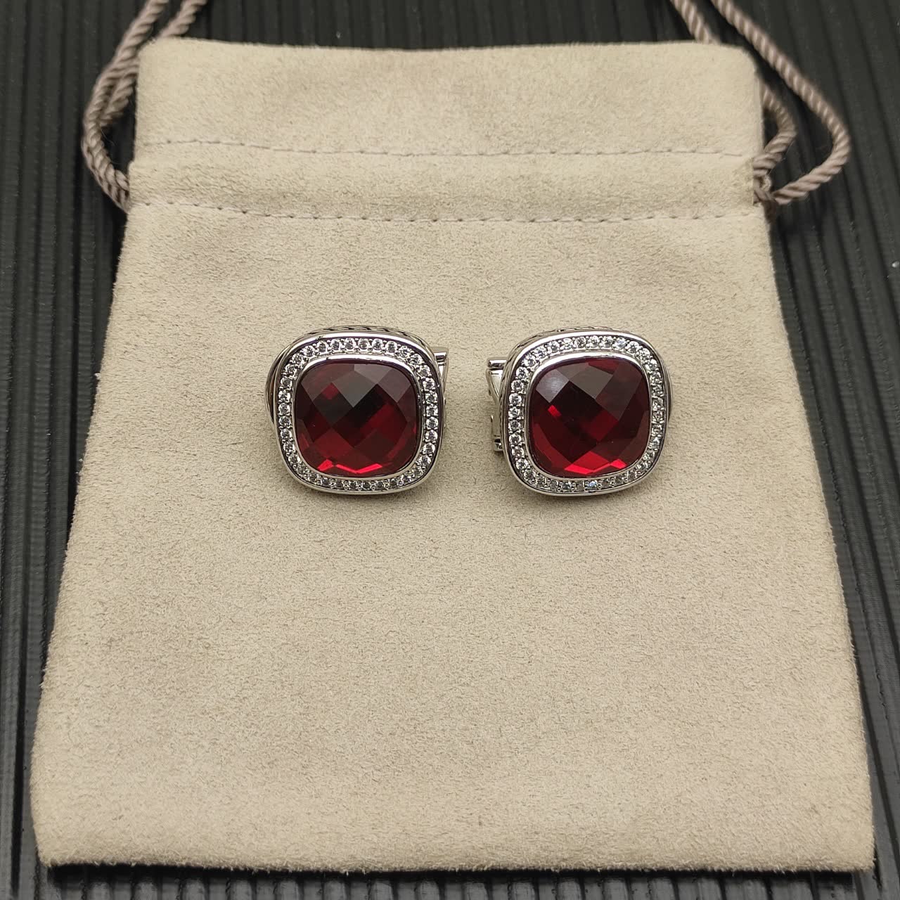 David Yurman Sterling Silver Albion Earrings with Red Diamonds